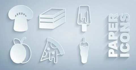 Set Slice of pizza, Ice cream, Plum fruit, Hot chili pepper, Piece cake and.. Stock Illustration