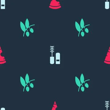 Set Slice of pizza, Mascara brush and Olives branch on seamless pattern. Vector 스톡 일러스트
