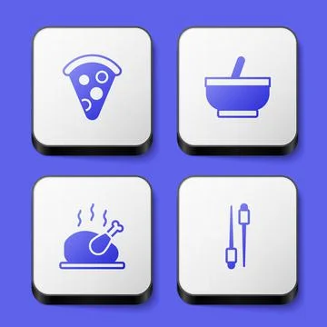 Set Slice of pizza, Mortar and pestle, Roasted turkey chicken and Food Stock Illustration