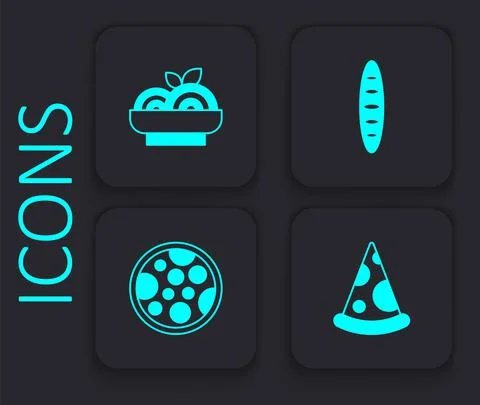 Set Slice of pizza, Pasta spaghetti, French baguette bread and Pizza icon. Black 스톡 일러스트