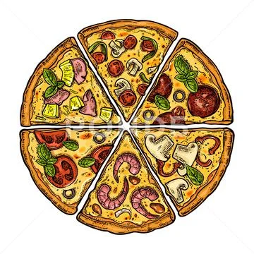 Set slice pizza Pepperoni, Hawaiian, Margherita, Mexican, Seafood, Capricci.. Stock Illustration