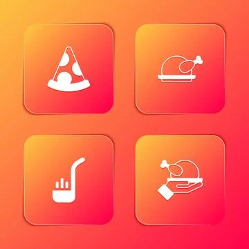 Set Slice of pizza, Roasted turkey or chicken, Kitchen ladle and icon. Vector Stock Illustration