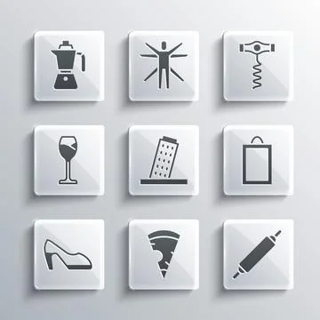 Set Slice of pizza, Rolling pin, Picture, Tower Pisa, Woman shoe, Wine glass Ilustración de archivo