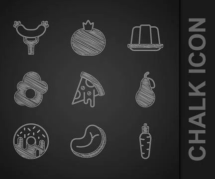 Set Slice of pizza, Steak meat, Carrot, Pear, Donut, Scrambled egg, Jelly cake Stock Illustration