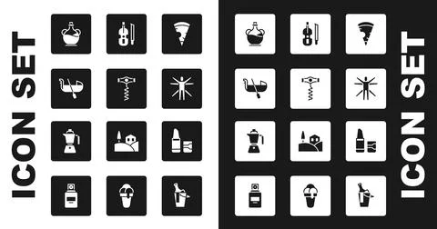 Set Slice of pizza, Wine corkscrew, Gondola, Bottle olive oil, Vitruvian Man Stock Illustration