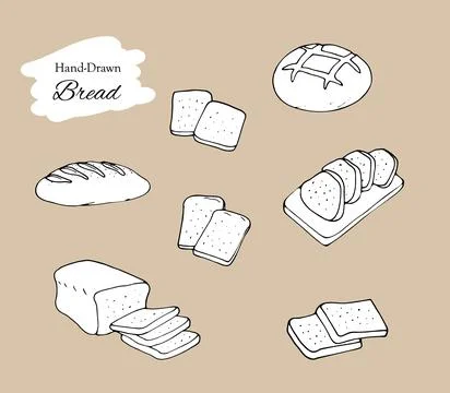 Set of sliced bread and bread loafs hand-drawn Stock Illustration