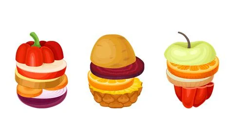Set of sliced fruit and vegetables. Pineapple, apple, pepper, onion, orange Stock Illustration