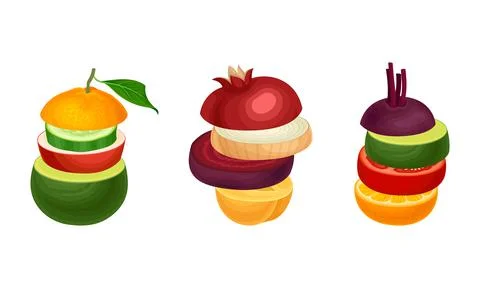 Set of sliced fruit and vegetables. Cucumber, apple, tomato, onion, pomegranate Stock Illustration