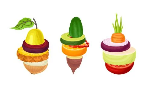 Set of sliced fruit and vegetables. Cucumber, pineapple, tomato, pepper, pear 스톡 일러스트