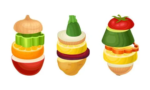 Set of sliced fruit and vegetables. Cucumber, pineapple, tomato, pepper, lemon Stock Illustration