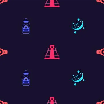 Set Sliced lime, Tequila bottle, Chichen Itza in Mayan and Wrestling champion Illustrazione stock