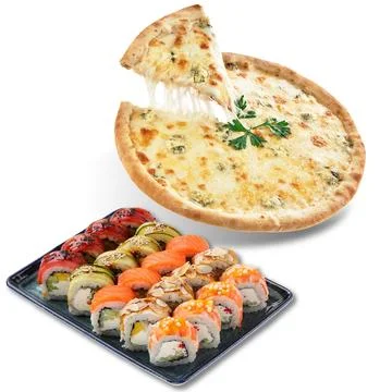 Set with slices of different pizzas falling on white background Stock Photos
