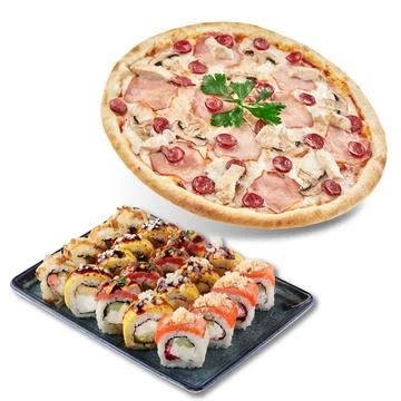 Set with slices of different pizzas falling on white background Stock Photos