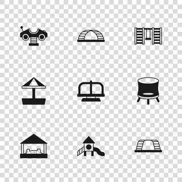Set Slide playground, Jumping trampoline, Monkey bar, Attraction carousel, .. Illustrazione stock
