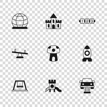 Set Slide playground, Rocket ship toy, Swing car, Mushroom house, Education.. Stock Illustration