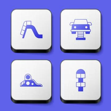 Set Slide playground, Swing car,  and Hopscotch icon. White square button. Ve Stock Illustration
