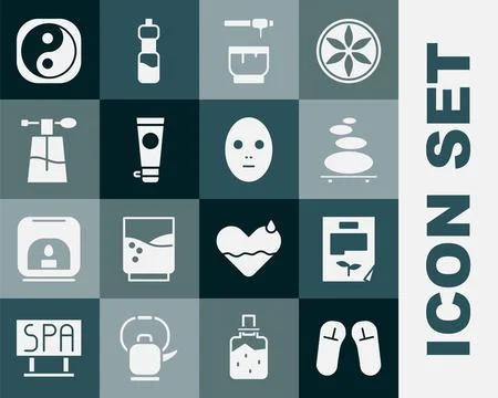 Set Slipper, Leaf document, Stack hot stones, Honey dipper stick and bowl, Cr Illustrazione stock