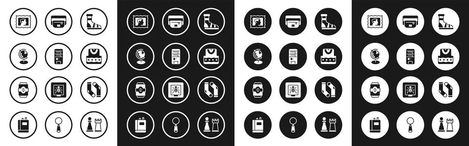 Set Slippers with socks, Computer, Earth globe, Postal stamp, Waistcoat, bag of Stock Illustration