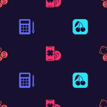 Set Slot machine with cherry, Bingo card, Online poker table game and Game dice Stock Illustration