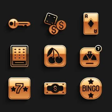 Set Slot machine with cherry, Stacks paper money cash, Bingo, Lucky wheel, .. Stock-Illustration