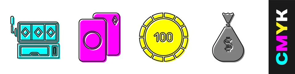 Set Slot machine, Deck of playing cards, Casino chips and Money bag icon. Vector Stock Illustration