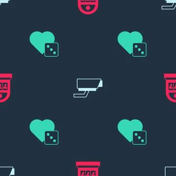 Set Slot machine with jackpot, Security camera and Game dice on seamless pattern Illustrazione stock