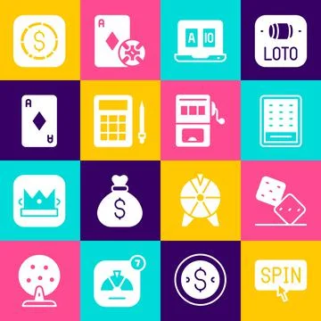 Set Slot machine spin button, Game dice, Lottery ticket, Online poker table game Illustrazione stock