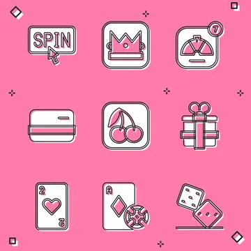 Set Slot machine spin button, King playing card, Lucky wheel, Credit, with Stock Illustration