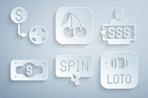 Set Slot machine spin button, Winner holding prize ticket, Stacks paper money Illustrazione stock