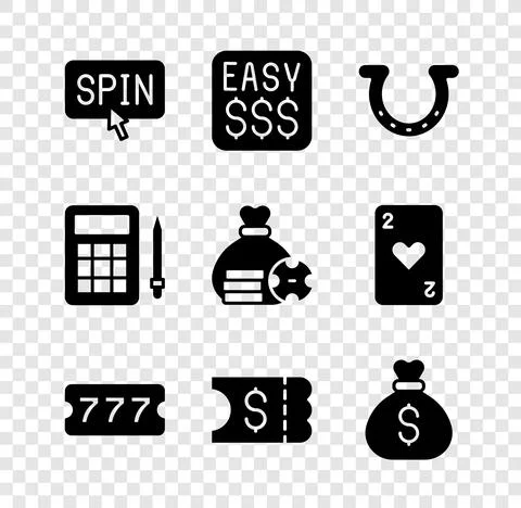 Set Slot machine spin button, Money prize casino, Horseshoe, Lottery ticket, bag Stock Illustration