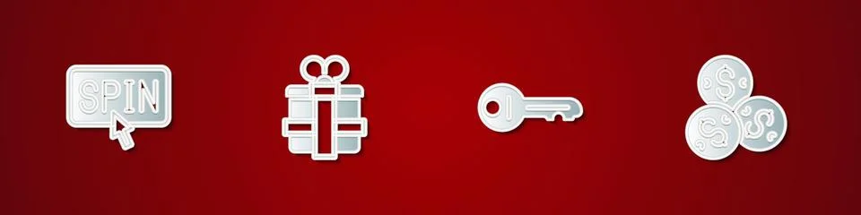 Set Slot machine spin button, Gift box, Old key and Casino chip with dollar icon Stock Illustration