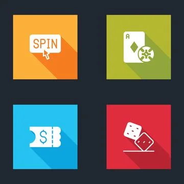 Set Slot machine spin button, Casino chip and playing cards, Lottery ticket and Stock Illustration