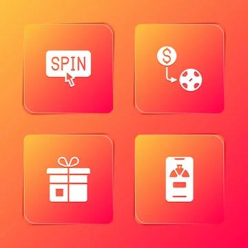 Set Slot machine spin button, Casino chips exchange, Gift box and Lucky whe.. Stock Illustration