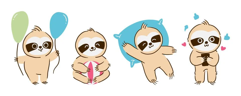 Set of sloth bear cartoon characters . Hand drawn style . White isolated ba.. Stock Illustration