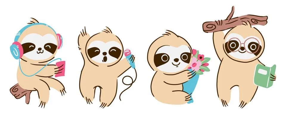 Set of sloth bear cartoon characters . Hand drawn style . White isolated ba.. Stock Illustration