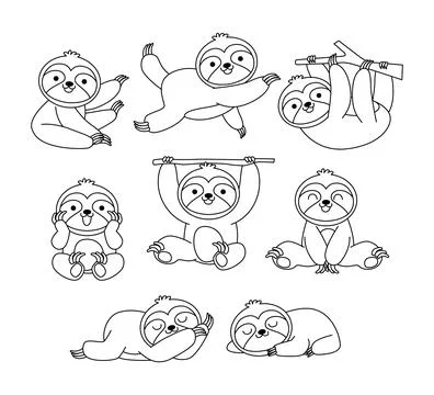 Set of sloth doodle collection, sloth outline coloring page or book animals.. Stock Illustration