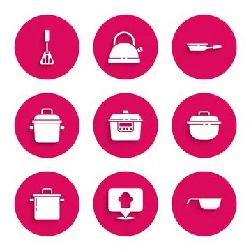 Set Slow cooker, Chef hat with location, Frying pan, Cooking pot, and Spatula Stock-Illustration
