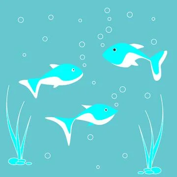 Set of small and large blue marine fish swim on blue background. Cartoon na.. Stock Illustration