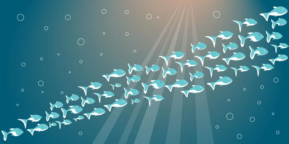 Set of small and large blue marine fish swim on blue background. Cartoon na.. Stock Illustration