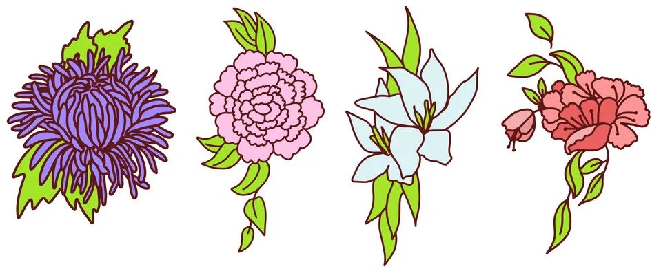 Set of small bouquets of different flowers Stock Illustration