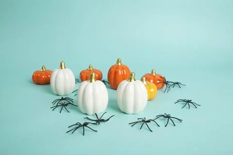 Set of Small ceramic pumpkins in different colors among an invasion of spider Stock Photos