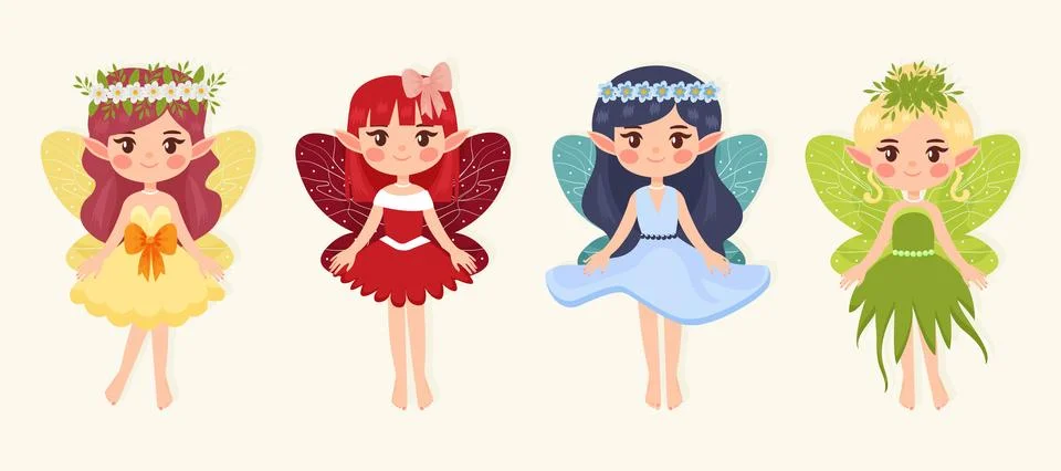 Set of small cute forest fairies isolated on a white background flat vector.. Stock Illustration