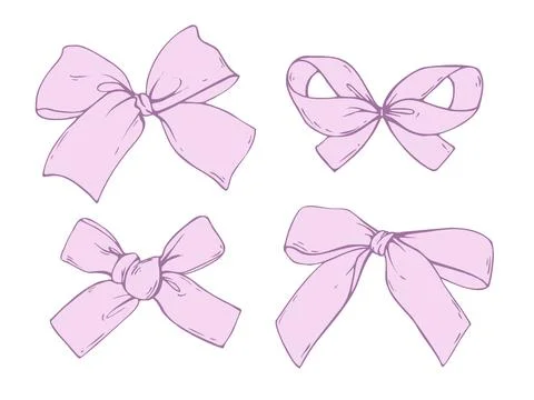 Set of small, cute pink textile bows coquette from satin and silk ribbons Stock Illustration