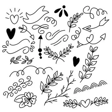 Set of small decorative elements arrows, ribbons, twigs, leaflets, strokes. For Stock Illustration