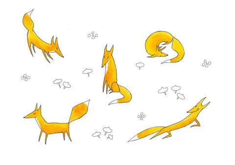 Set of small orange foxes in different poses and contours of funny mushrooms Stock Illustration