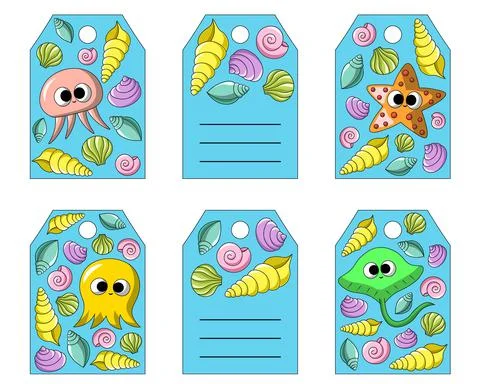 Set with small postcards in form tags. Theme cute cartoon underwater world. Stock Illustration
