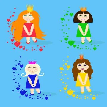 Set of small princesses with hearts Stock Illustration