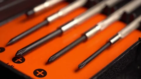 A set of small screwdrivers close up. Macro video slider Stock Footage 152854916
