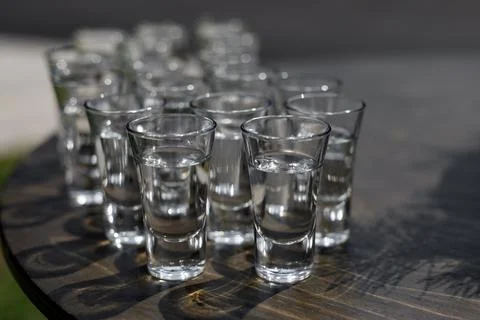 Set of small vodka glasses. Stock Photos