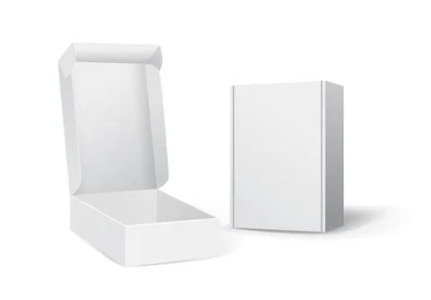 Set of small white cardboard boxes mockups. Vector illustration Stock Illustration